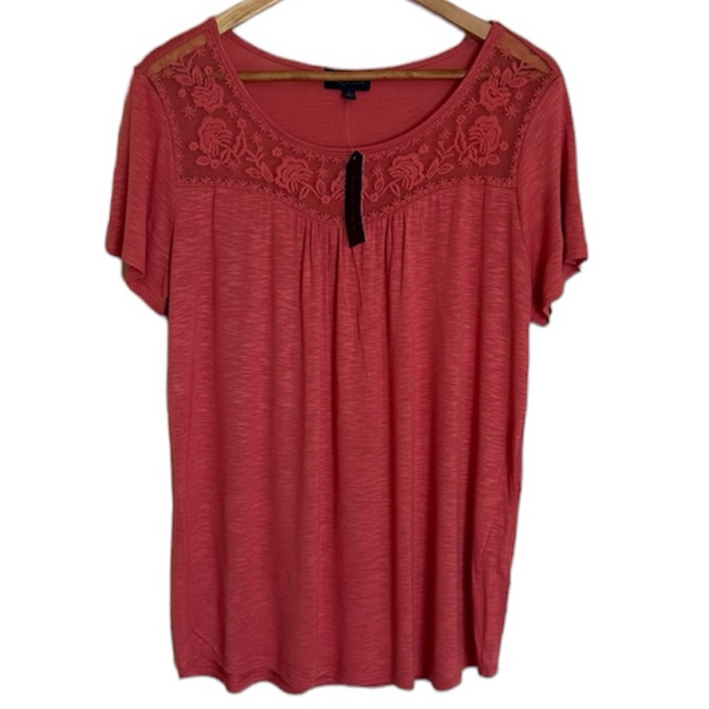 ARTESIA Lace Neckline Coral Top NWT